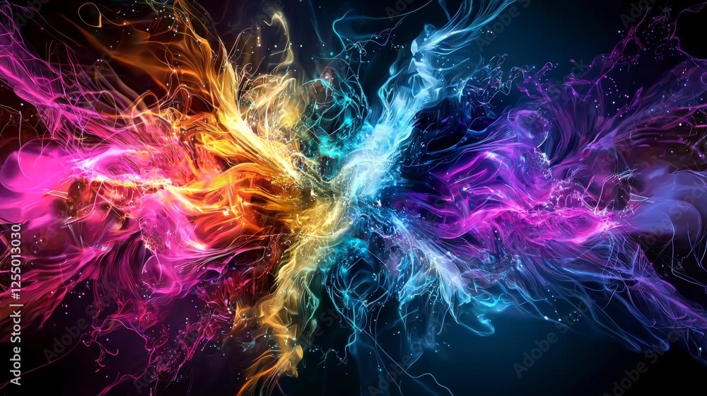 Fototapete dynamic neon sound waves abstract art digital visualization high-tech environment vibrant color pale