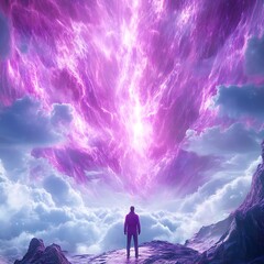 Human Silhouette Gazing Upward at a Celestial Burst of Energy Amidst Clouds and Mountain Scenery