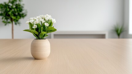 White flowers in vase on light wood table, modern room background, home decor