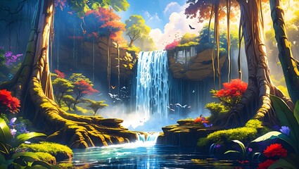 Fototapeta premium Mystical Waterfall: A picturesque waterfall cascades down a cliffside in a vibrant and surreal rainforest, bathed in golden sunlight. The lush foliage, sparkling water.