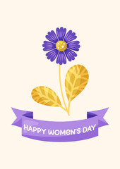 Happy Women's Day Card with Purple cornflower. Simple cute greeting card in purple tones. Vector illustration.