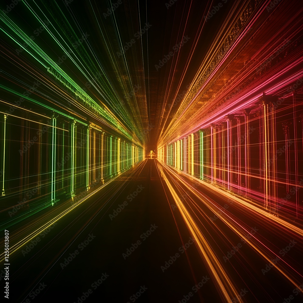 Aufkleber illuminated corridor of data lines forming a tunnel with green and red light reflections