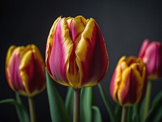 Fototapeta premium Vibrant Pink and Yellow Tulip Bloom in Spring Garden Close Up