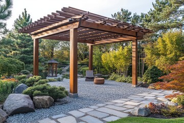 Naklejka premium Relaxing wooden pergola providing shade in a japanese garden