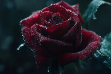 Stunning close up of a vibrant red rose with glistening droplets and blurred green background.