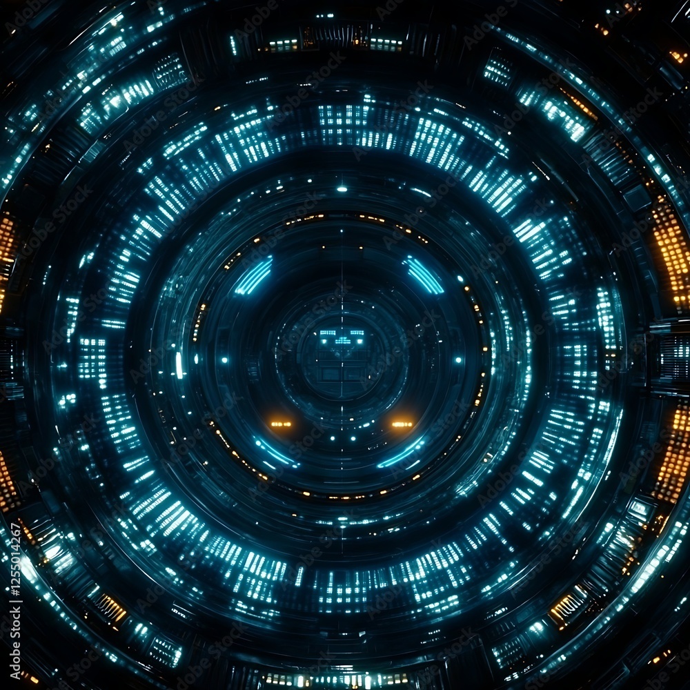 Poster illuminated futuristic technology tunnel abstract representation of advanced structures