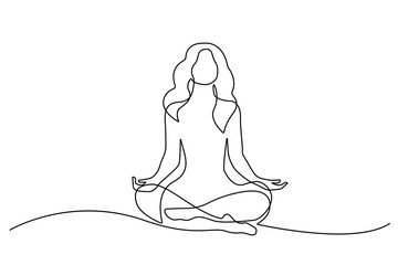 Woman Lotus Yoga Pose One Line Art Drawing. Female Yoga Relax Sketch Linear Drawing. Abstract Minimal Female Meditation One Line Silhouette Vector Illustration. Lotus Pose Trendy Contour Drawing