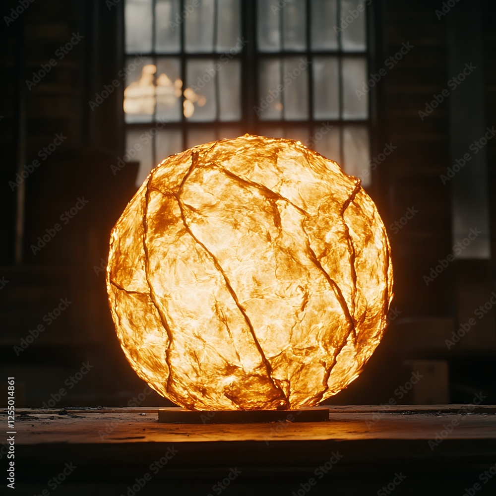 Poster illuminated sphere of textured light radiating from geometric divisions within a dark setting