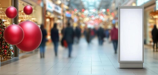 A vibrant shopping corridor adorned with festive decorations and a blank advertising panel, capturing the essence of holiday shopping experience. excitement of holiday shopping