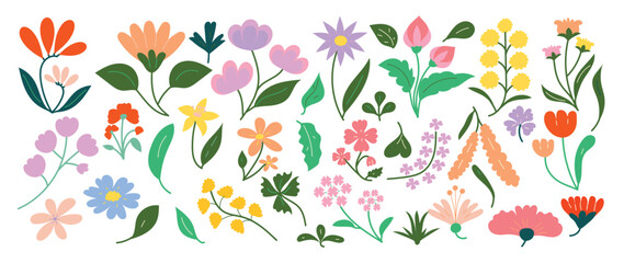 Collection of spring colorful flower elements vector. Set floral of wildflower, leaf branch, foliage on white background. Hand drawn blossom illustration for decor, easter, thanksgiving, clipart.
