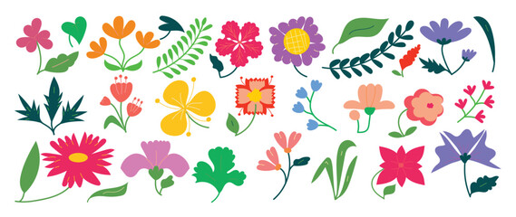 Collection of spring colorful flower elements vector. Set floral of wildflower, leaf branch, foliage on white background. Hand drawn blossom illustration for decor, easter, thanksgiving, clipart.