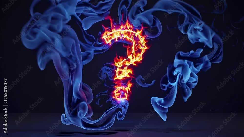 Aufkleber Glowing fiery question mark pulsating with energy, surrounded by swirling blue and red smoke in a mysterious and dramatic atmosphere