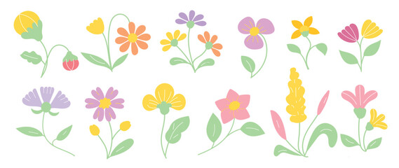 Collection of spring colorful flower elements vector. Set floral of wildflower, leaf branch, foliage on white background. Hand drawn blossom illustration for decor, easter, thanksgiving, clipart.