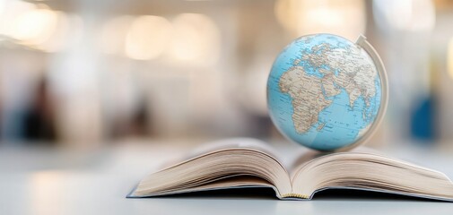 An open book with a globe resting on its pages, symbolizing global knowledge and education, ideal for themes of learning and exploration. and personal development for every reader.