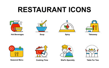 Vector restaurant icons collection. Illustrates hot beverages, soup, spice, takeaway, cooking time, seasonal menu, chef creations, and table for two.