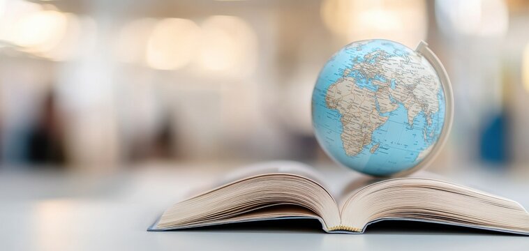 An open book with a globe resting on its pages, symbolizing global knowledge and education, ideal for themes of learning and exploration. and personal development for every reader.