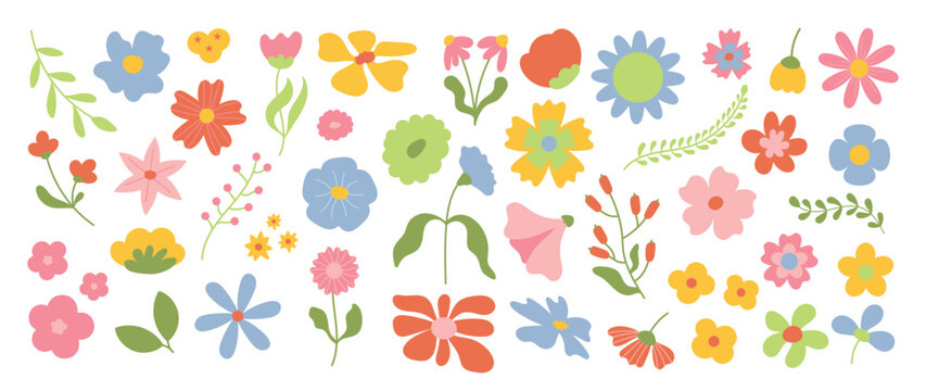 Collection of spring colorful flower elements vector. Set floral of wildflower, leaf branch, foliage on white background. Hand drawn blossom illustration for decor, easter, thanksgiving, clipart.