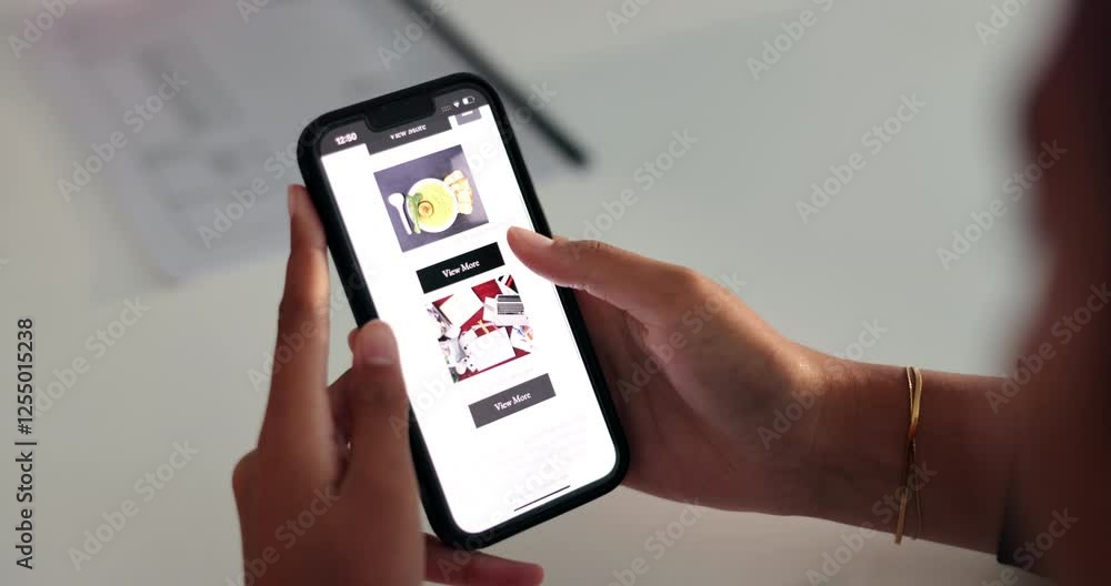 Poster hands, screen and person scroll with phone for recipe search, meal choice and dinner decision. custo