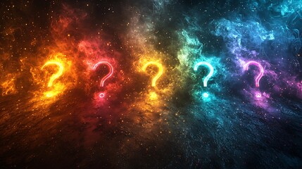 Obraz premium Vibrant glowing question marks, layered on a high-resolution background of abstract smoke patterns in vivid colors, illuminated by radiant light from below, futuristic and creative design, dynamic