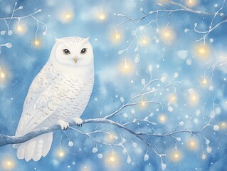 Snowy Owl on Winter Branch with Lights
