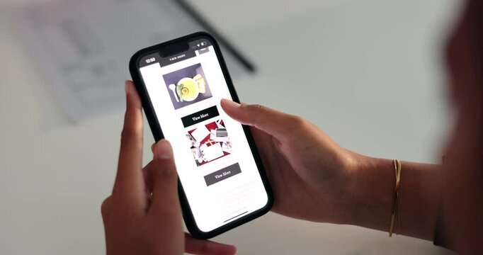 Hands, screen and person scroll with phone for recipe search, meal choice and dinner decision. Customer experience, internet and smartphone display for online shopping, website scrolling and about us