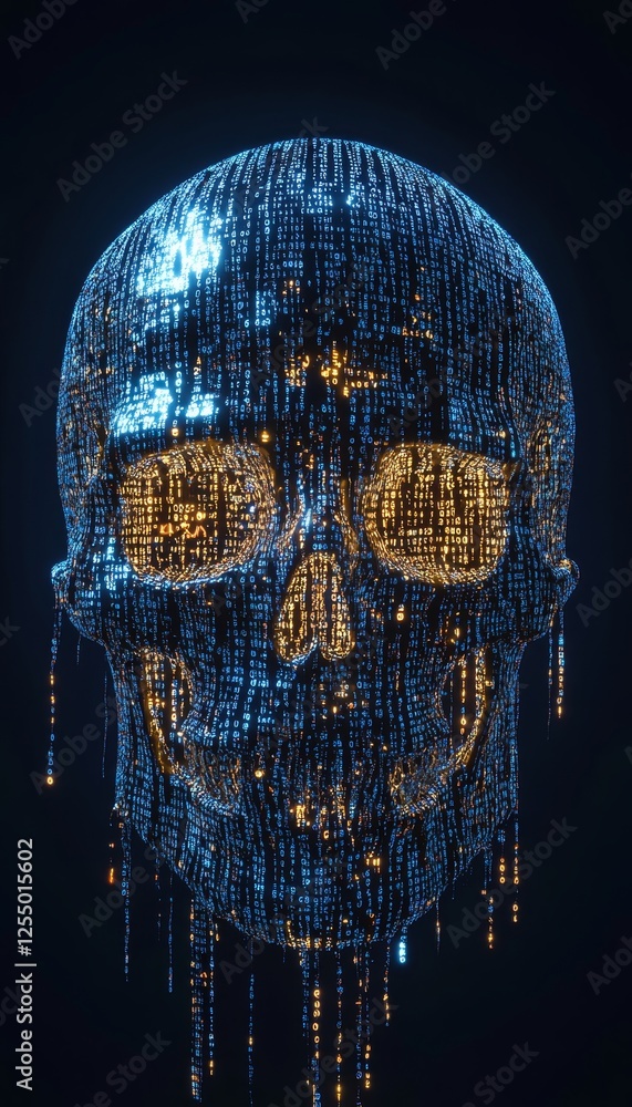 Poster a mesmerizing cyberpunk skull made of cascading binary code in a dark, futuristic atmosphere