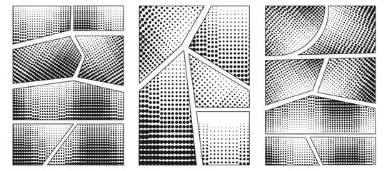Set Halftone Stipple comic manga book template design. Screentone page collection. Trendy Halftone engraved pop art Frame set. Vector background with dots Stipple effect. EPS 10