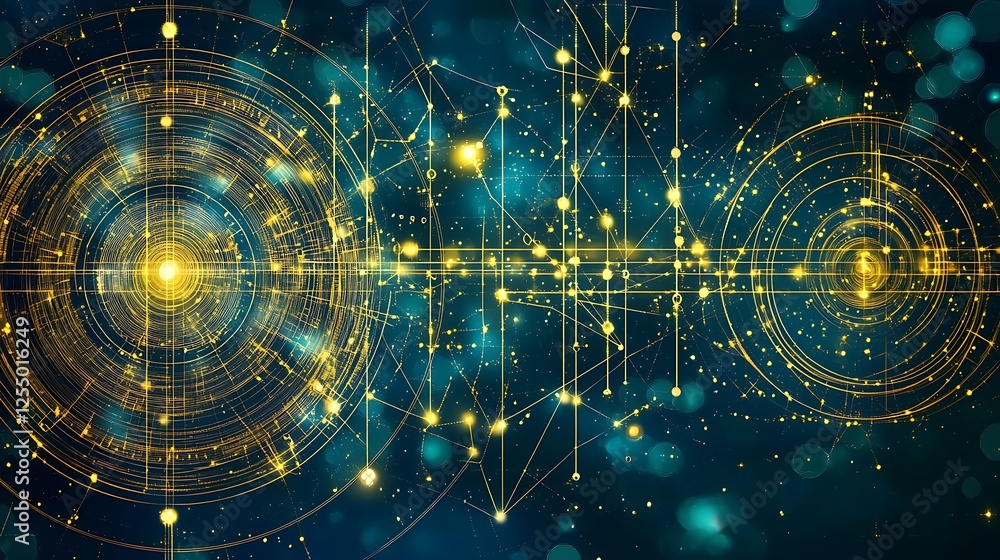Poster interconnected network with glowing nodes and concentric circles in a dark blue technological backdr