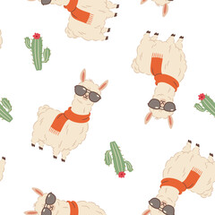Seamless vector pattern in a simple children's style. Cute llama in sunglasses and cacti. Vector illustration © Alena