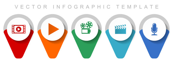 Entertainment pointer collection, miscellaneous icons such as video, play, cinema, movie and music, flat design vector infographic template in eps 10