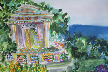 Watercolor landscape with ancient classical exquisite architecture. Mansion in greenery original painting.