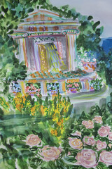 Mansion in blossom greenery original painting. Rich classical architecture house outdoor outside.