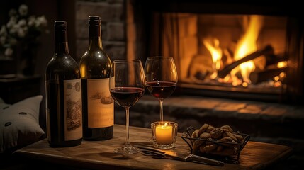 wooden wine bottle and glasses