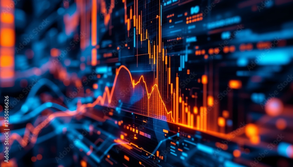 Poster abstract financial graph background with glowing orange and blue data streams