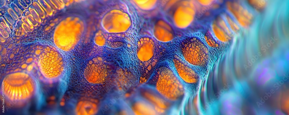 Poster marine research microscopic concept. colorful microscopic view highlighting intricate cellular struc