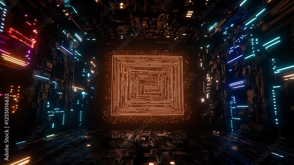 Poster intricate digital labyrinth inside futuristic cybernetic network system illuminated with neon glow