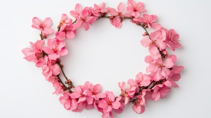 Obraz premium Pink cherry blossom wreath on white background