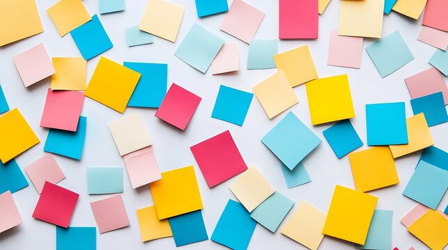 Colorful sticky notes scattered on white background