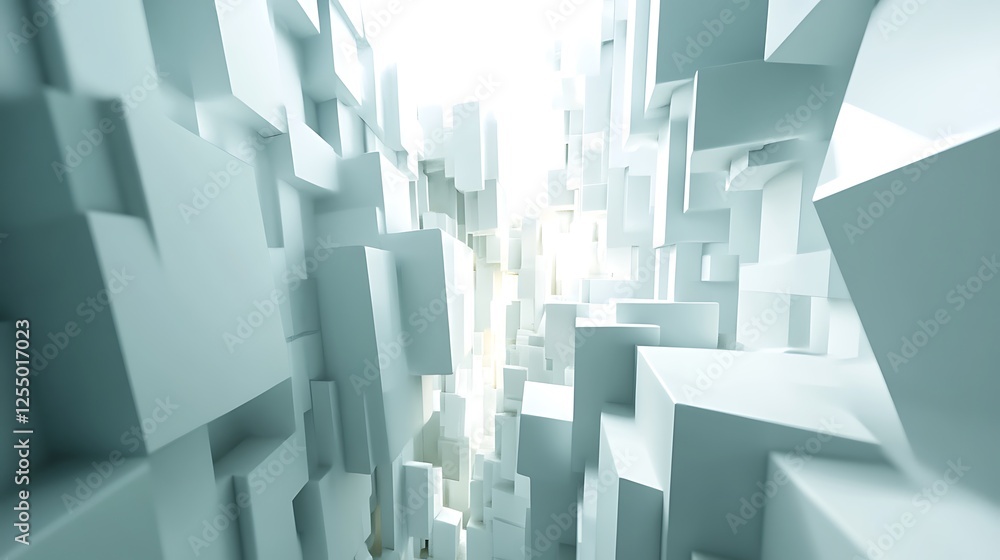 Poster abstract light blue cube city; digital 3d rendering, bright background