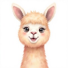 Obraz premium A cute, cartoon-like illustration of a smiling llama with fluffy fur and large expressive eyes.