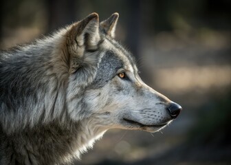 Fototapeta premium Majestic gray wolf's intense gaze, a captivating wildlife portrait showcasing predatory power in nature.