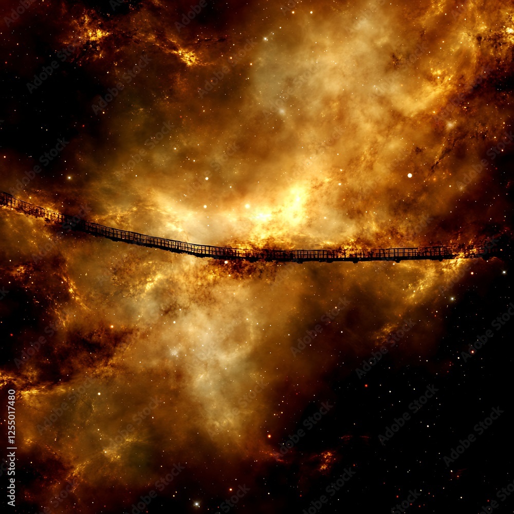Poster journey across cosmic bridge through nebula clouds of light and shadow in celestial space