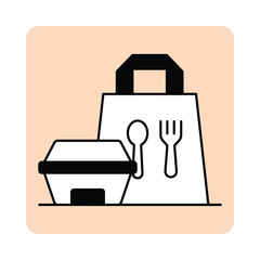 Vector icon for takeaway service. Features food containers and utensils, symbolizing to-go meals from restaurants.