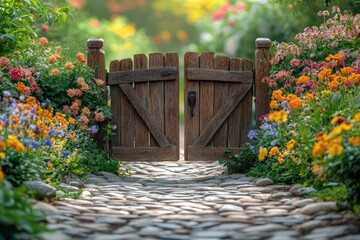 Open wooden gate welcoming visitors to colorful flower garden