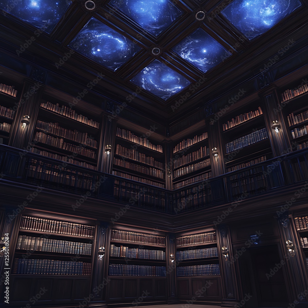Poster library of stars a celestial collection of knowledge and wisdom books in a dark academia setting