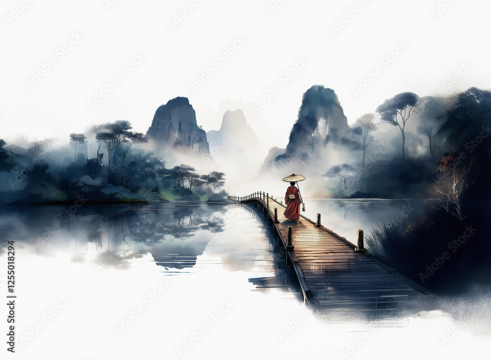 Poster serene scene of a figure with an umbrella walking on a bridge with mountains in the background. mist