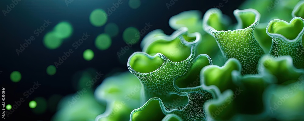 Aufkleber marine research microscopic concept. close-up view of vibrant green algae structure with soft bokeh 