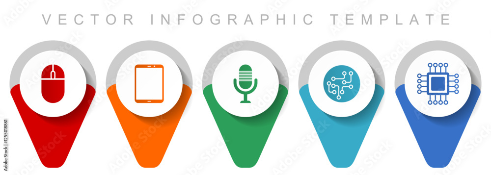 Poster Technology pointer collection, miscellaneous icons such as computer mouse, tablet, microphone, chip and cpu, flat design vector infographic template in eps 10