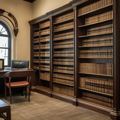 A sophisticated law library featuring neatly arranged shelves filled with legal books, case law volumes, and important legal documents. The professional office setting exudes an atmosphere of knowledg