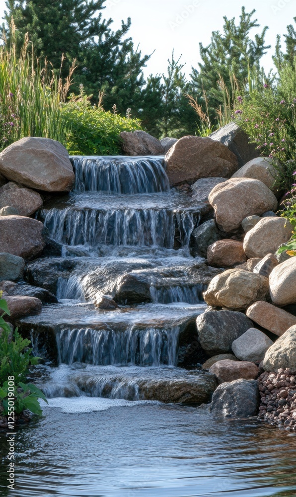 Aufkleber cascading water flows over smooth stones in a tranquil garden setting near a serene pond surrounded 